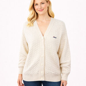 FILA Cream Basketweave Knit Button Cardigan Italy 100% Wool Womens Size 10 VTG